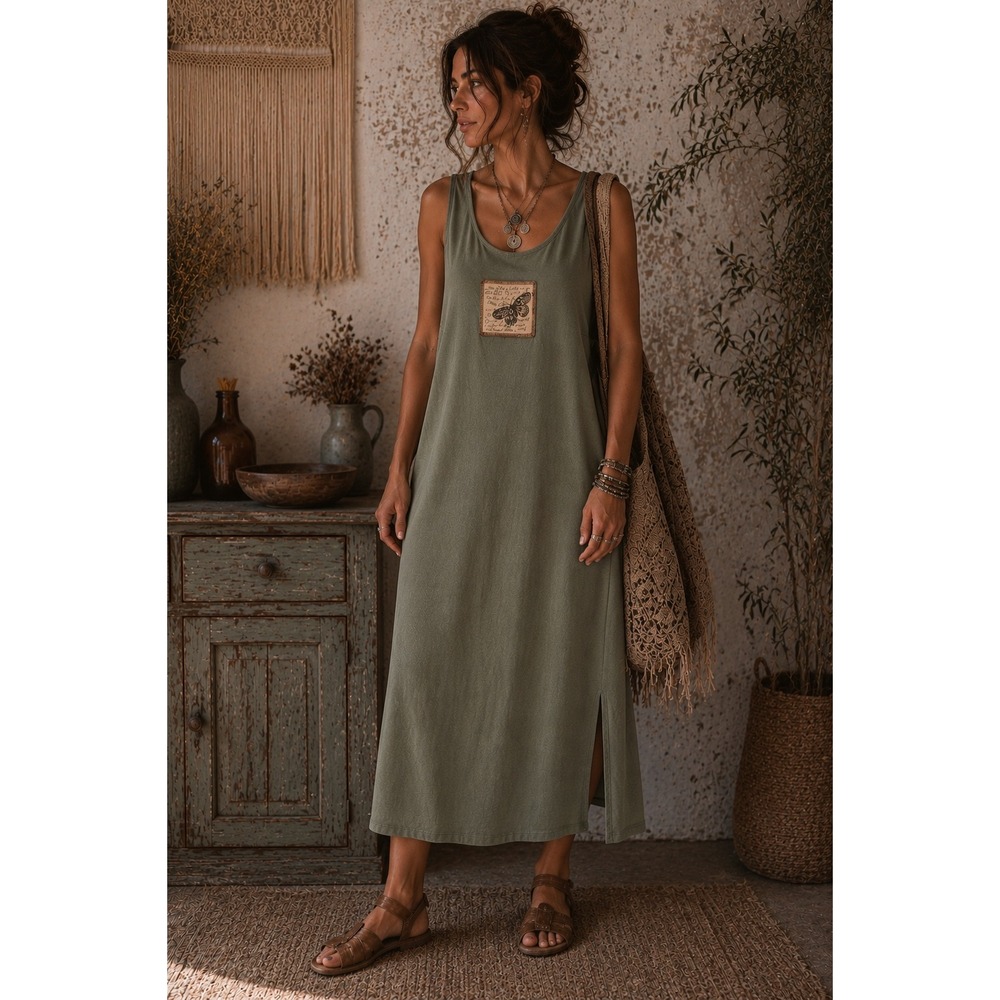 90s Butterfly Patch shift Maxi Dress Cottagecore Sage Cotton minimalist 14WP